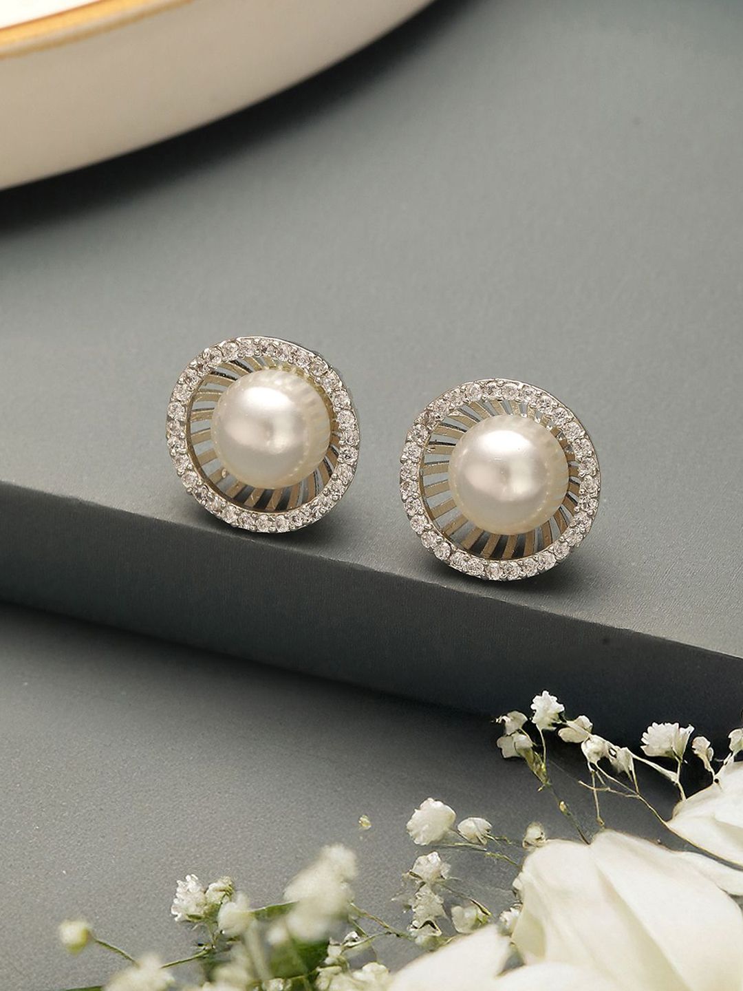 Saraf RS Jewellery Silver Plated American Diamond Studded Circular Shaped Studs