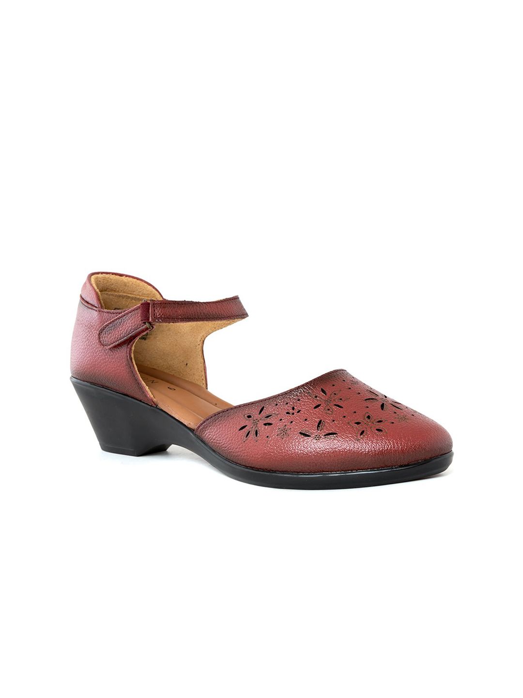 Khadims Women Leather Laser Cuts Pointed Toe Wedge Mary Janes
