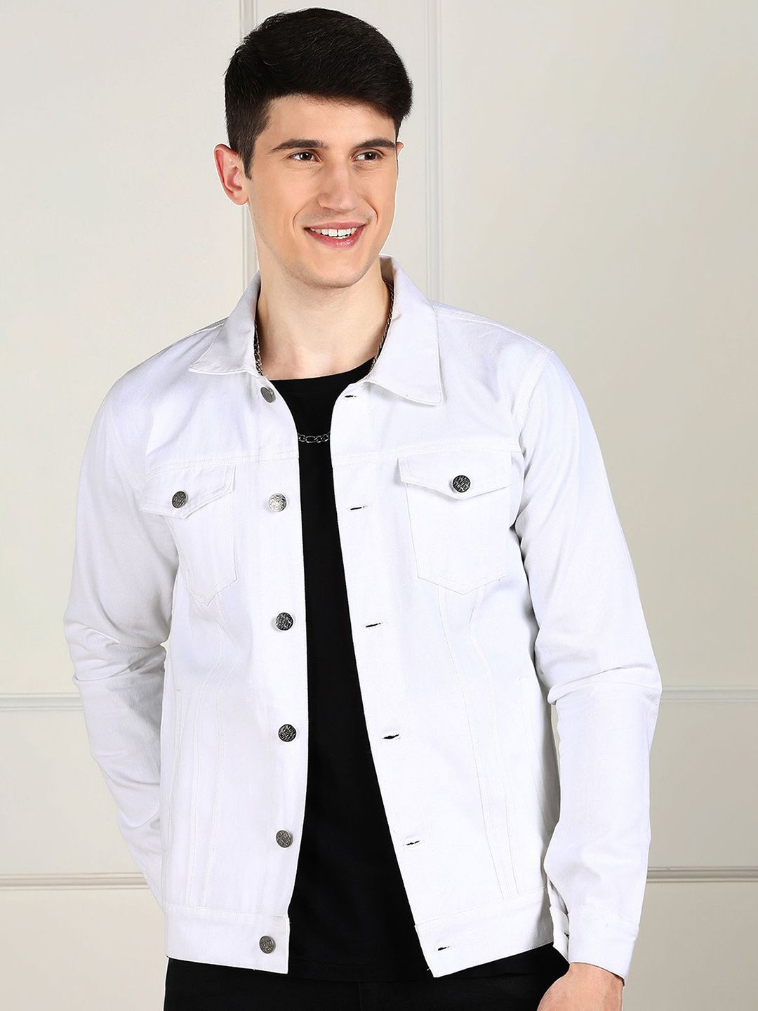 MONTREZ MONTREZ Men Spread Collar Solid Lightweight Casual Denim Jacket