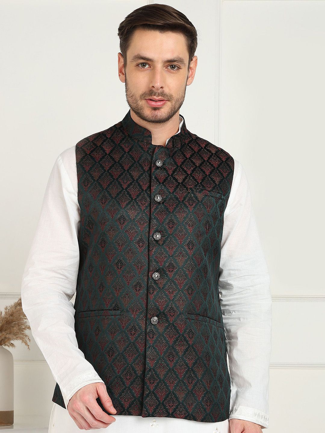House of Pataudi Woven Design Mandarin Collar Nehru Jacket
