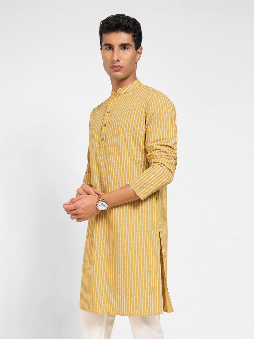 indus route by Pantaloons Striped Mandarin Collar Long Sleeves Pure Cotton Straight Kurta