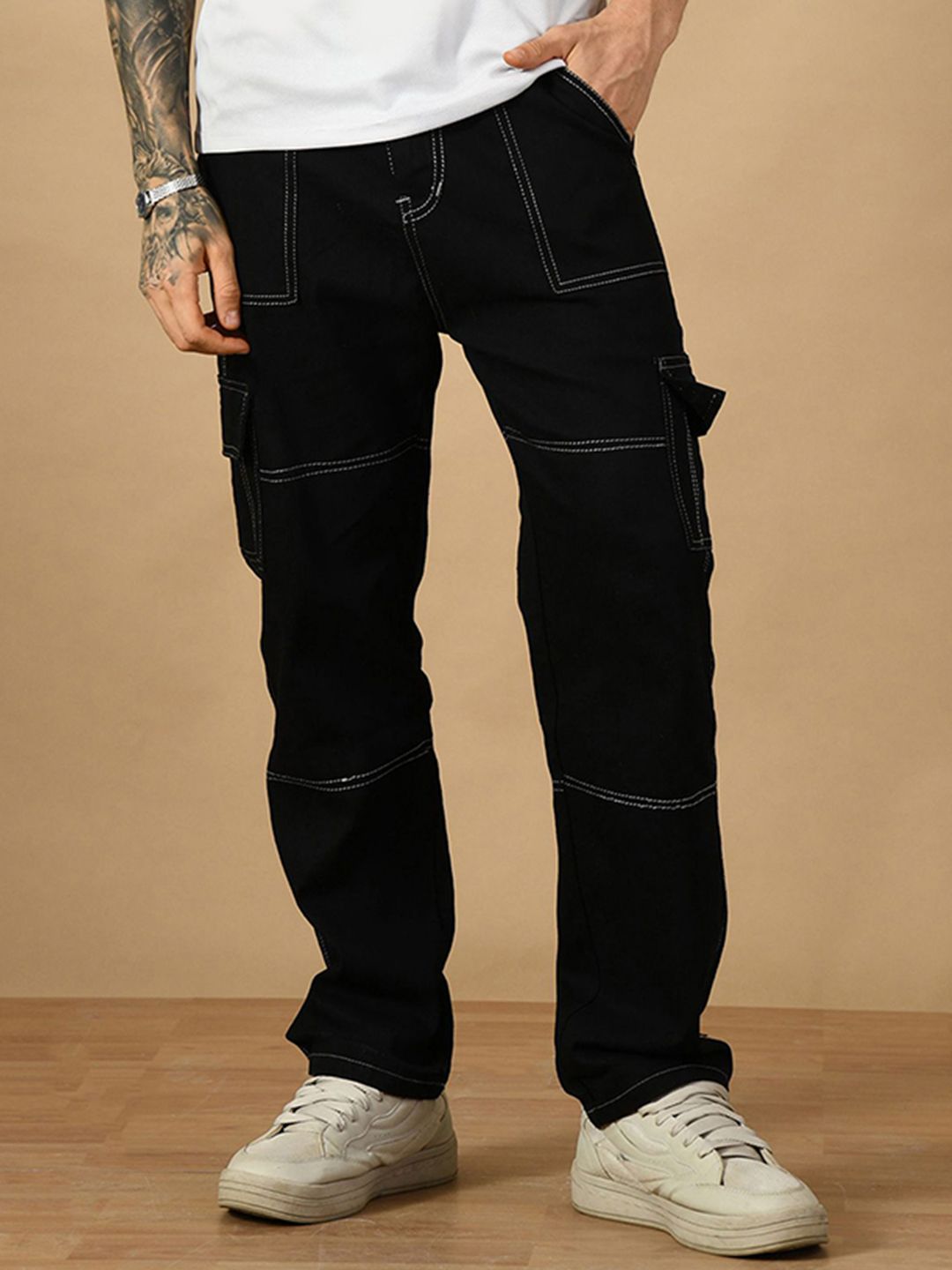 COMFITS Men Classic Regular Fit Mid-Rise Stretchable Cargos Jeans