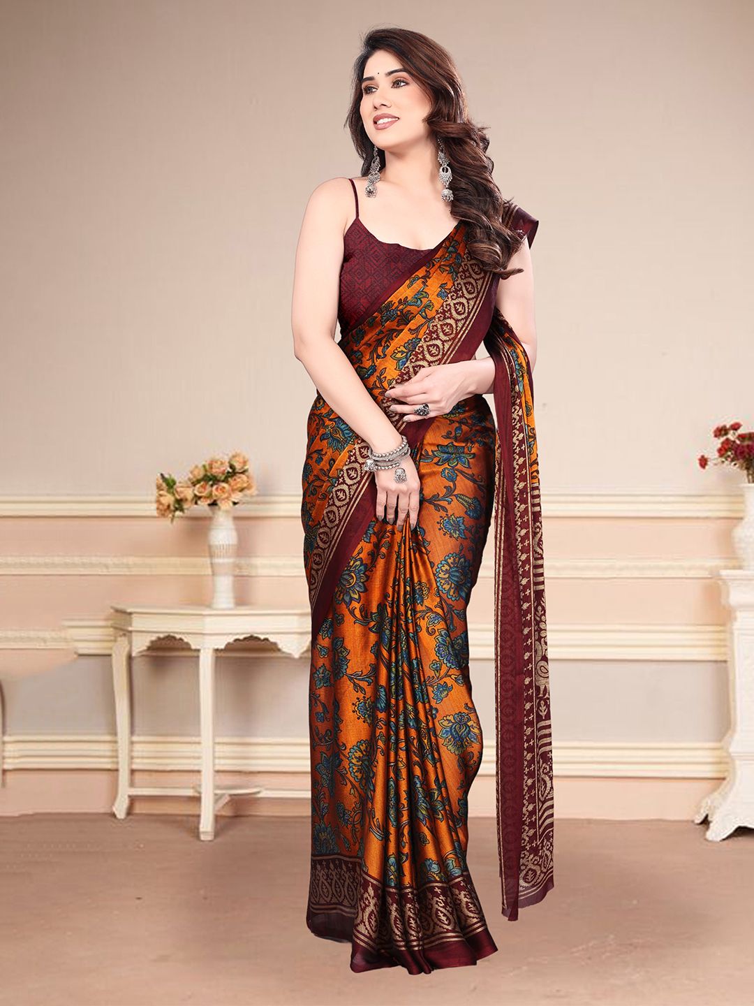 MAGNEITTA Ethnic Motifs Printed Pure Chiffon Saree With Blouse Piece
