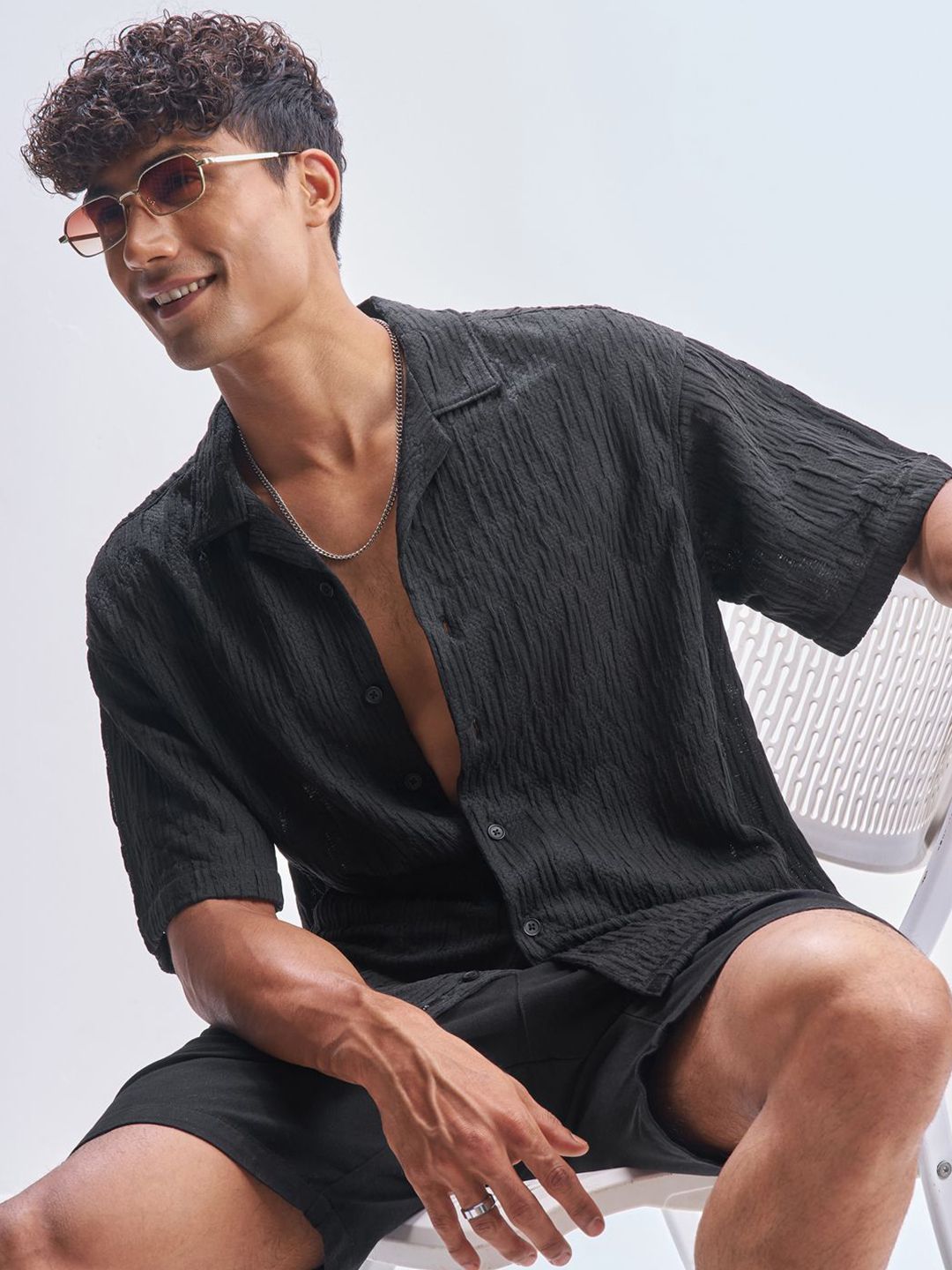 HIGHLANDER Textured Cuban Collar Relaxed Fit Casual Shirt