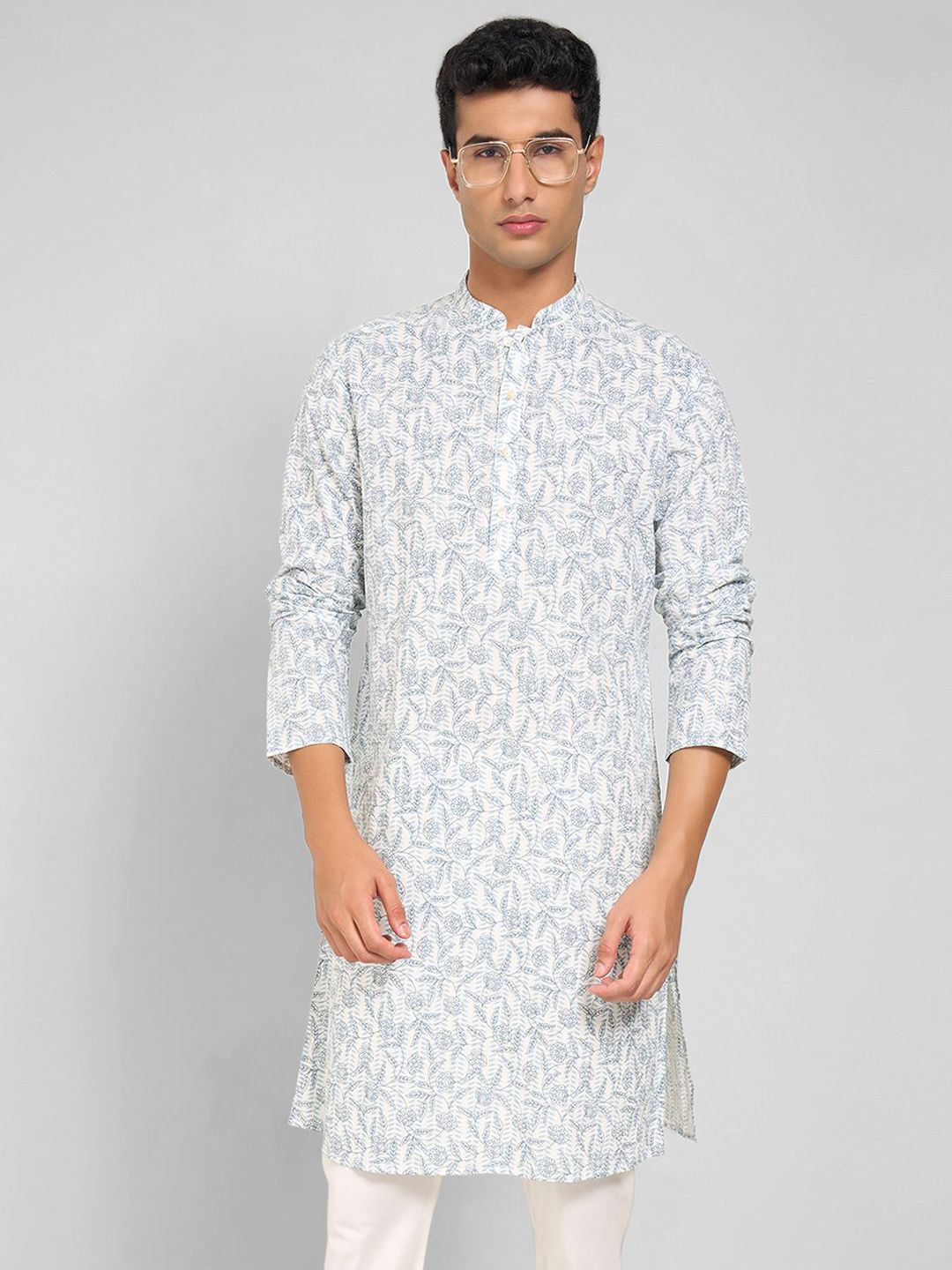 indus route by Pantaloons Floral Printed Mandarin Collar Pure Cotton Straight Kurta