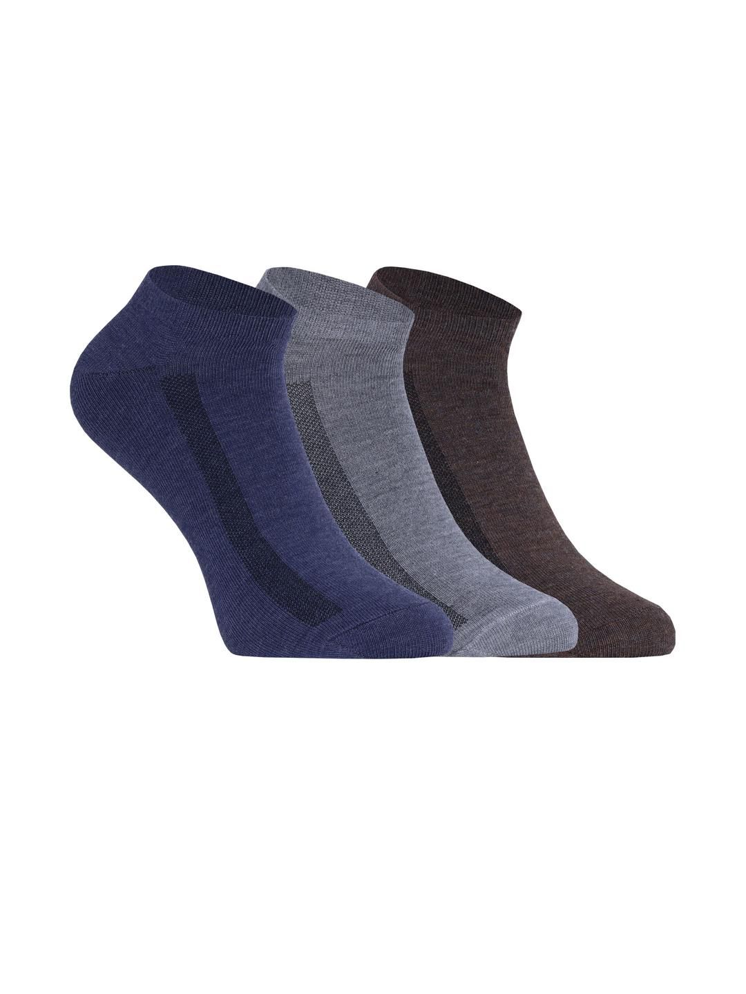 SOXVIEW Men Blue Grey & Brown Set Of 3 Striped Ankle Length Cotton Socks