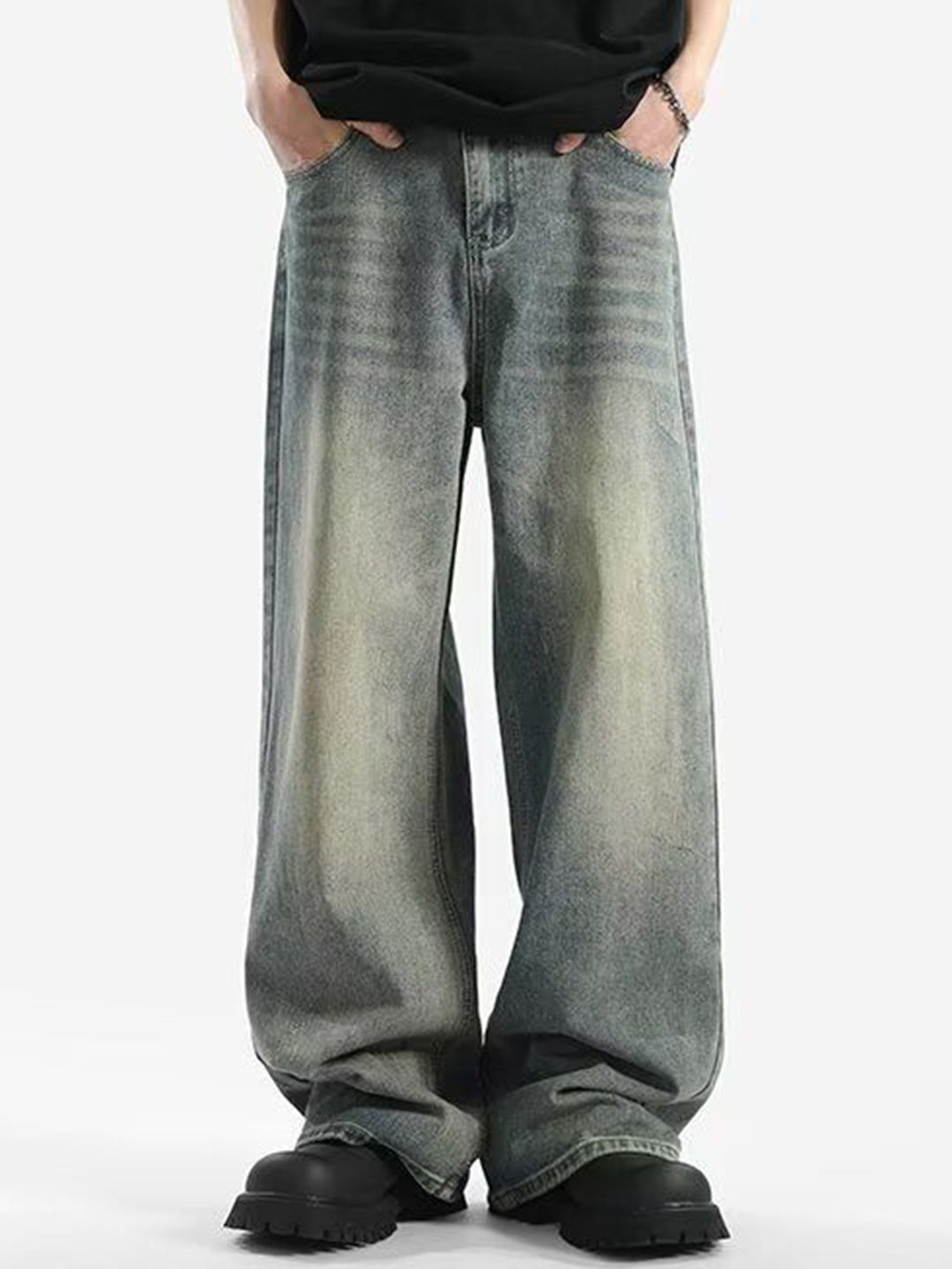 StyleCast x Revolte Men Wide Leg Mid-Rise Medium Fade Jeans