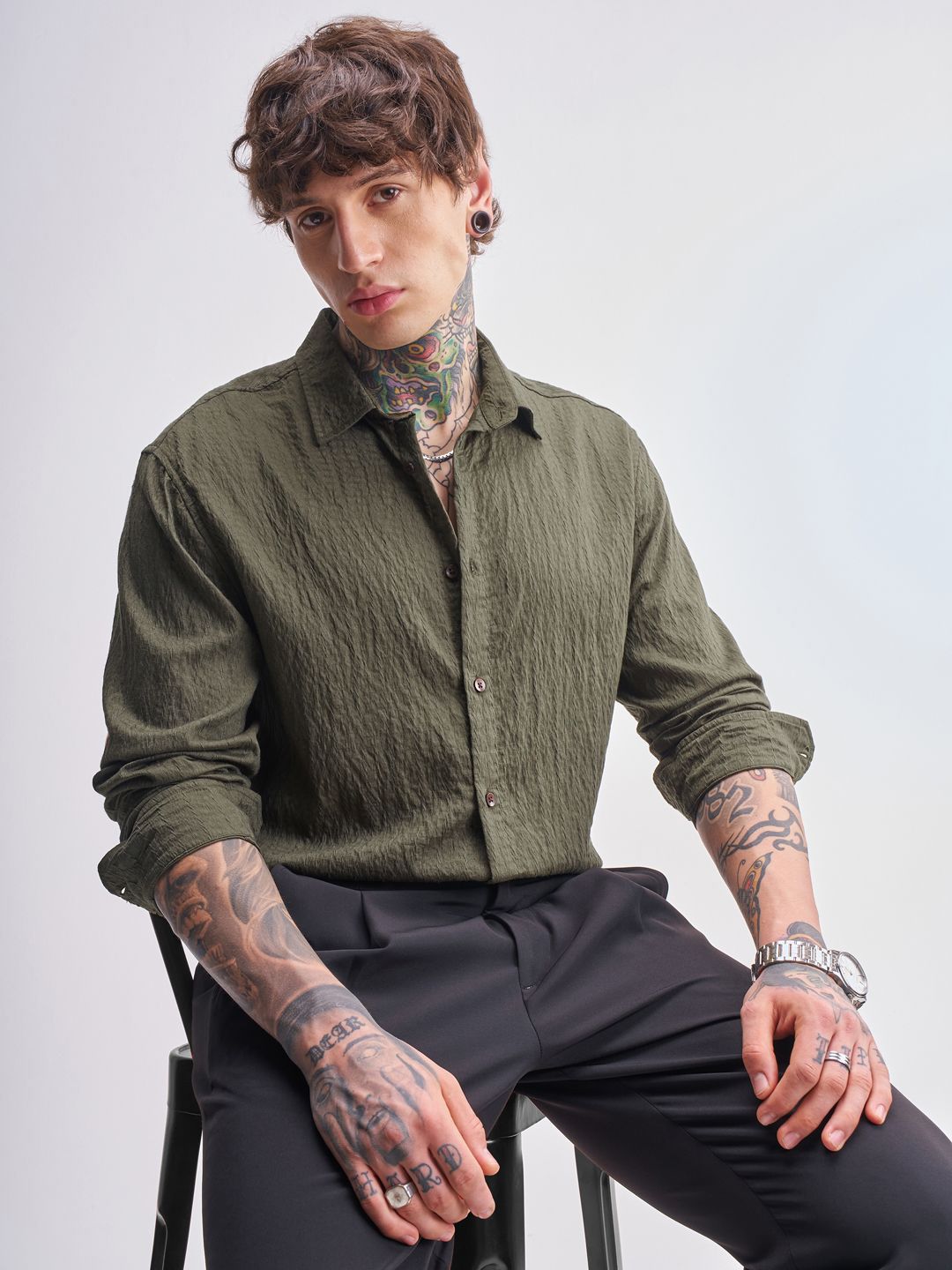 HIGHLANDER Textured Spread Collar Relaxed Fit Casual Shirt