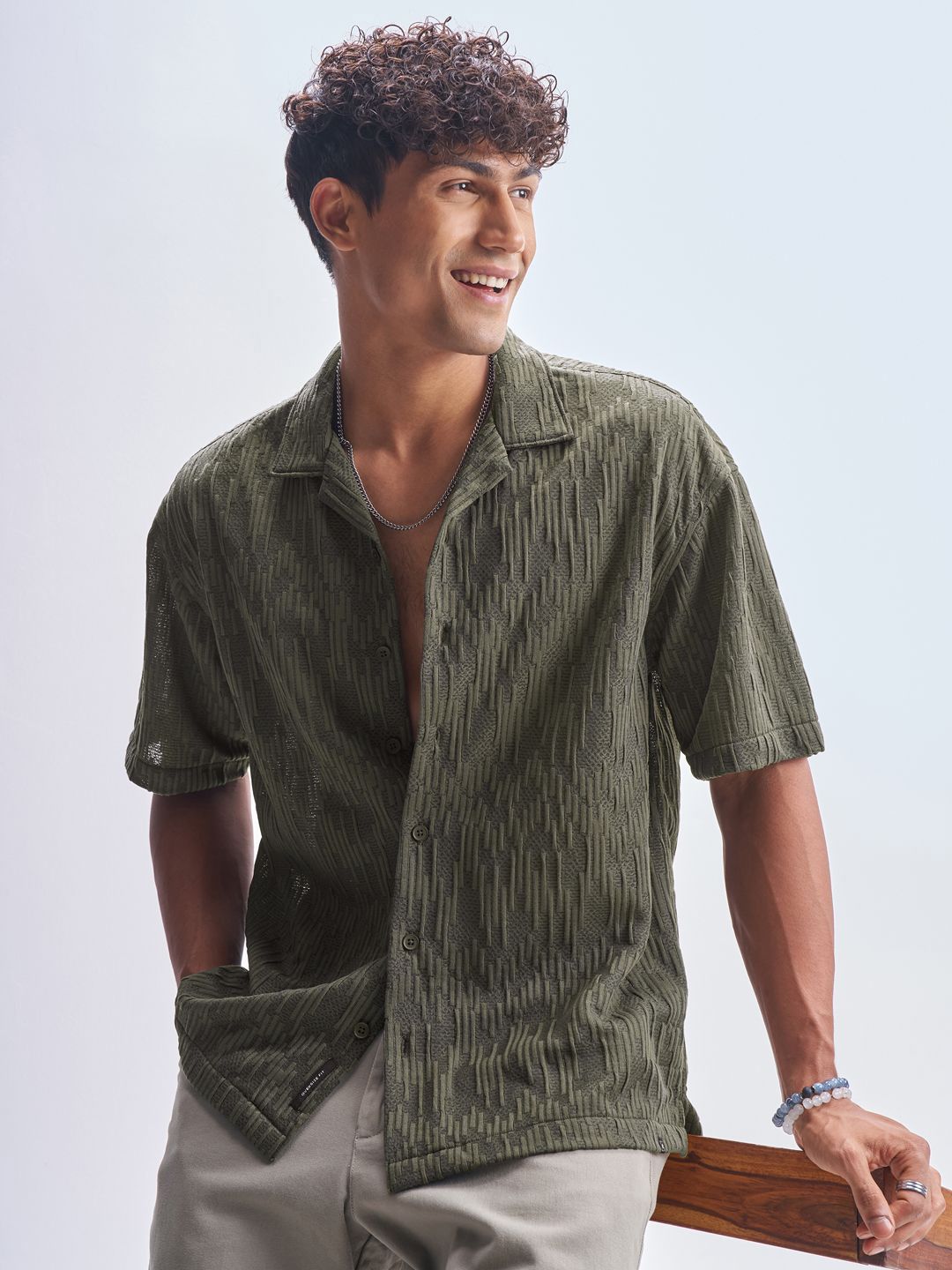 HIGHLANDER Textured Cuban Collar Relaxed Fit Casual Shirt