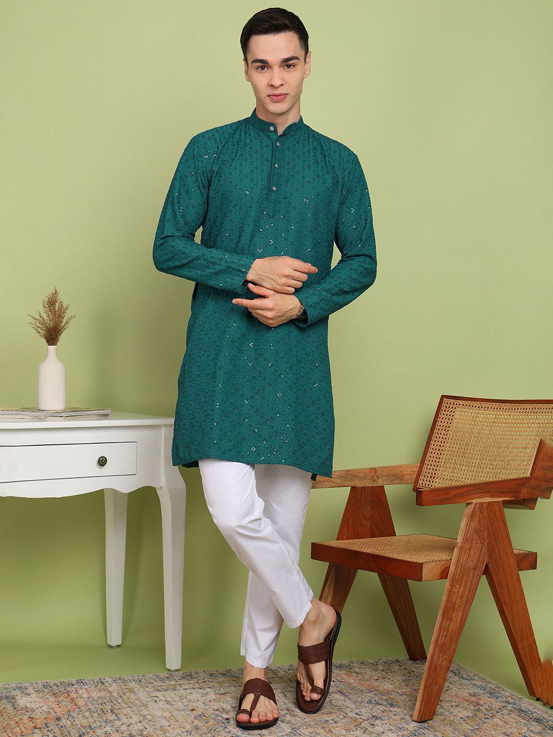 FUBAR Floral Embroidered Sequinned Band Collar Straight Kurta