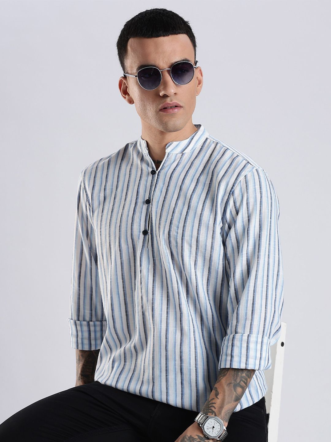 HERE&NOW Men Striped Festive Cotton Straight Kurta