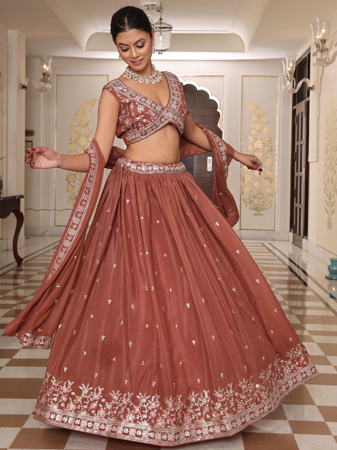 KALINI Embroidered Sequinned Georgette Semi-Stitched Lehenga & Blouse With Dupatta