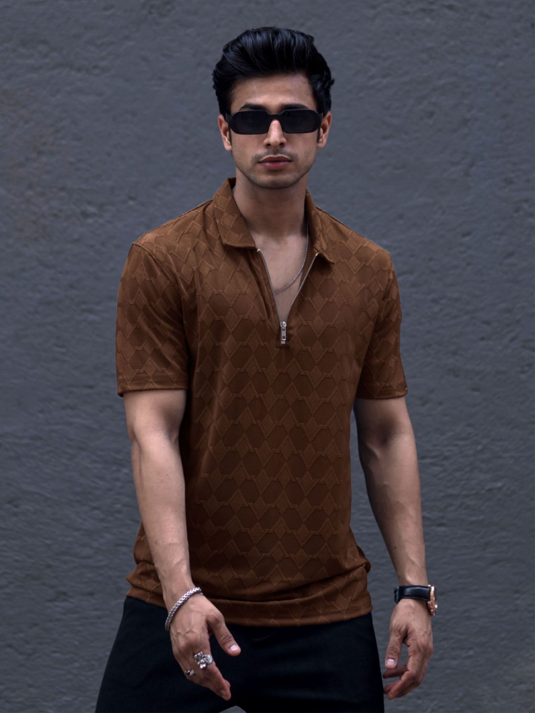 Maniac Geometric Printed Polo Collar Short Sleeves Cotton T-shirt