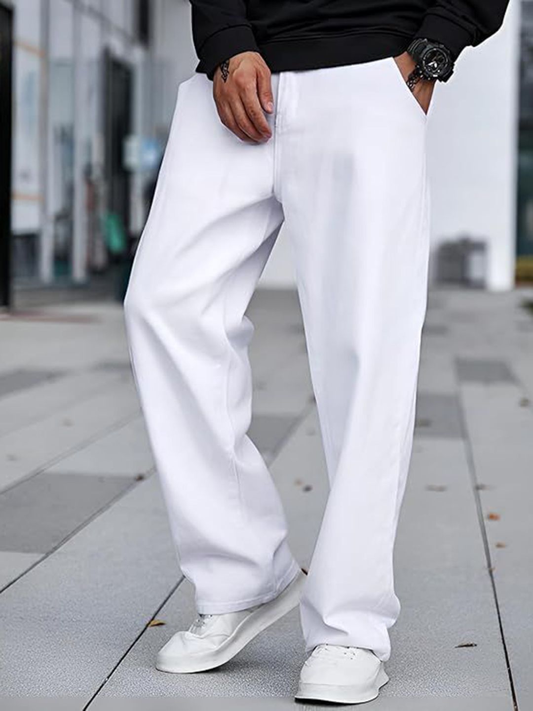 me Queen Men Wide Leg Mid-Rise Low Distress Pure Cotton, Jeans