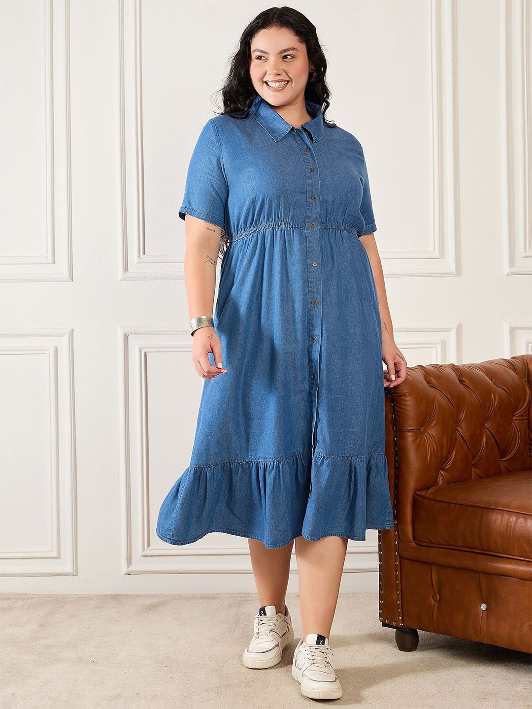 Orchid Blues Women Shirt Collar Cotton Shirt Midi Dress