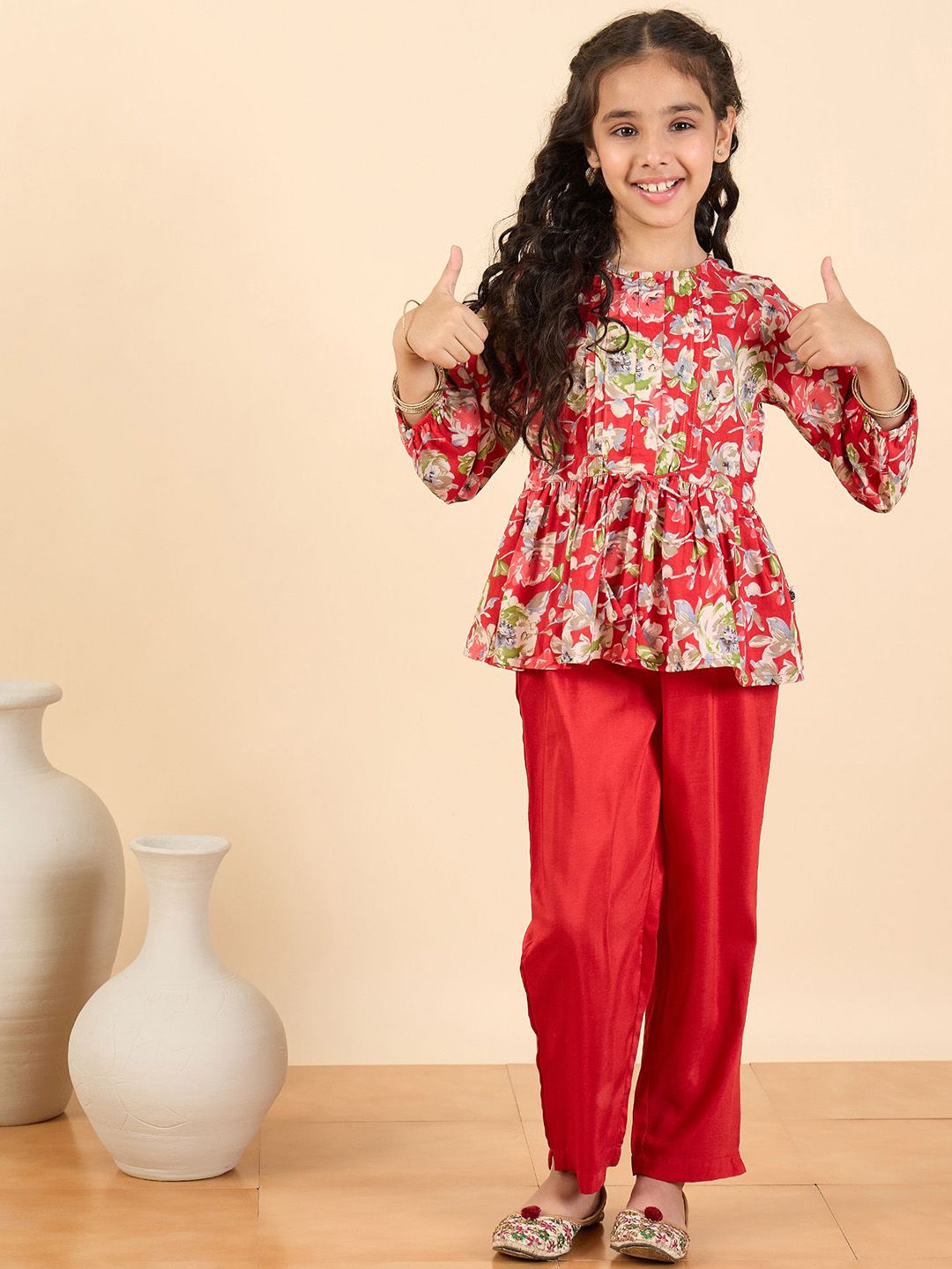 StyloBug Girls Floral Printed Pleated Round Neck Gotta Patti A-line Kurti With Trousers