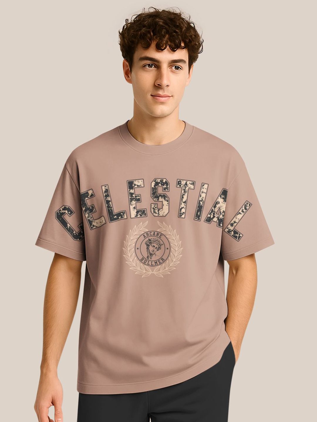 BULLMER Typography Printed Crew Neck Drop Shoulder Oversized T-shirt