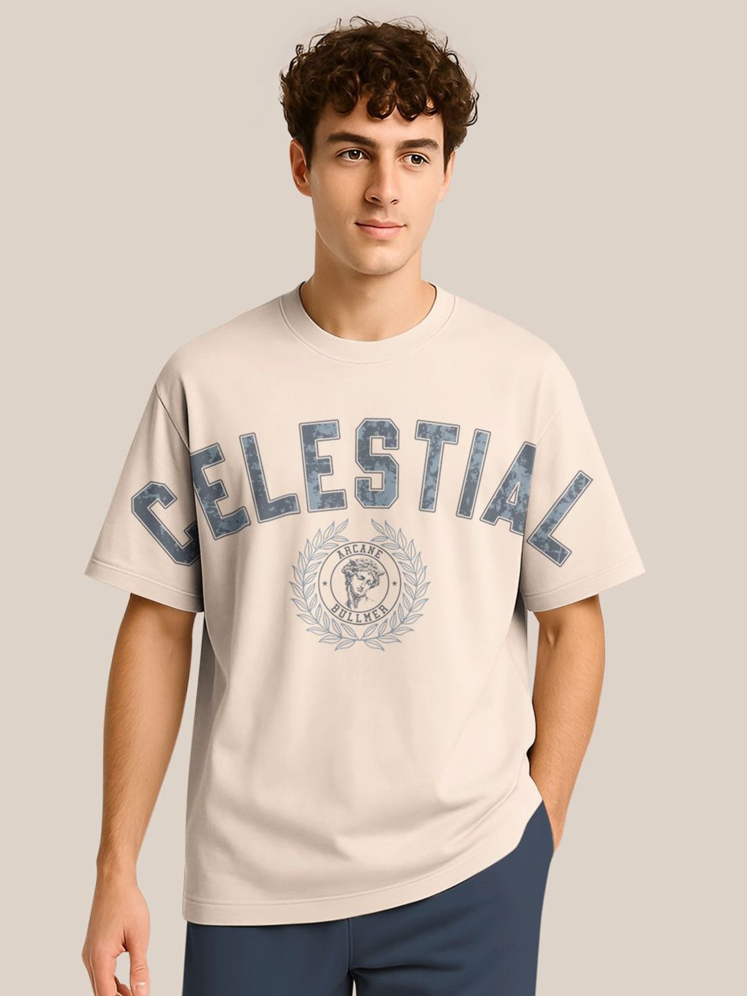BULLMER Typography Printed Crew Neck Drop Shoulder Oversized T-shirt