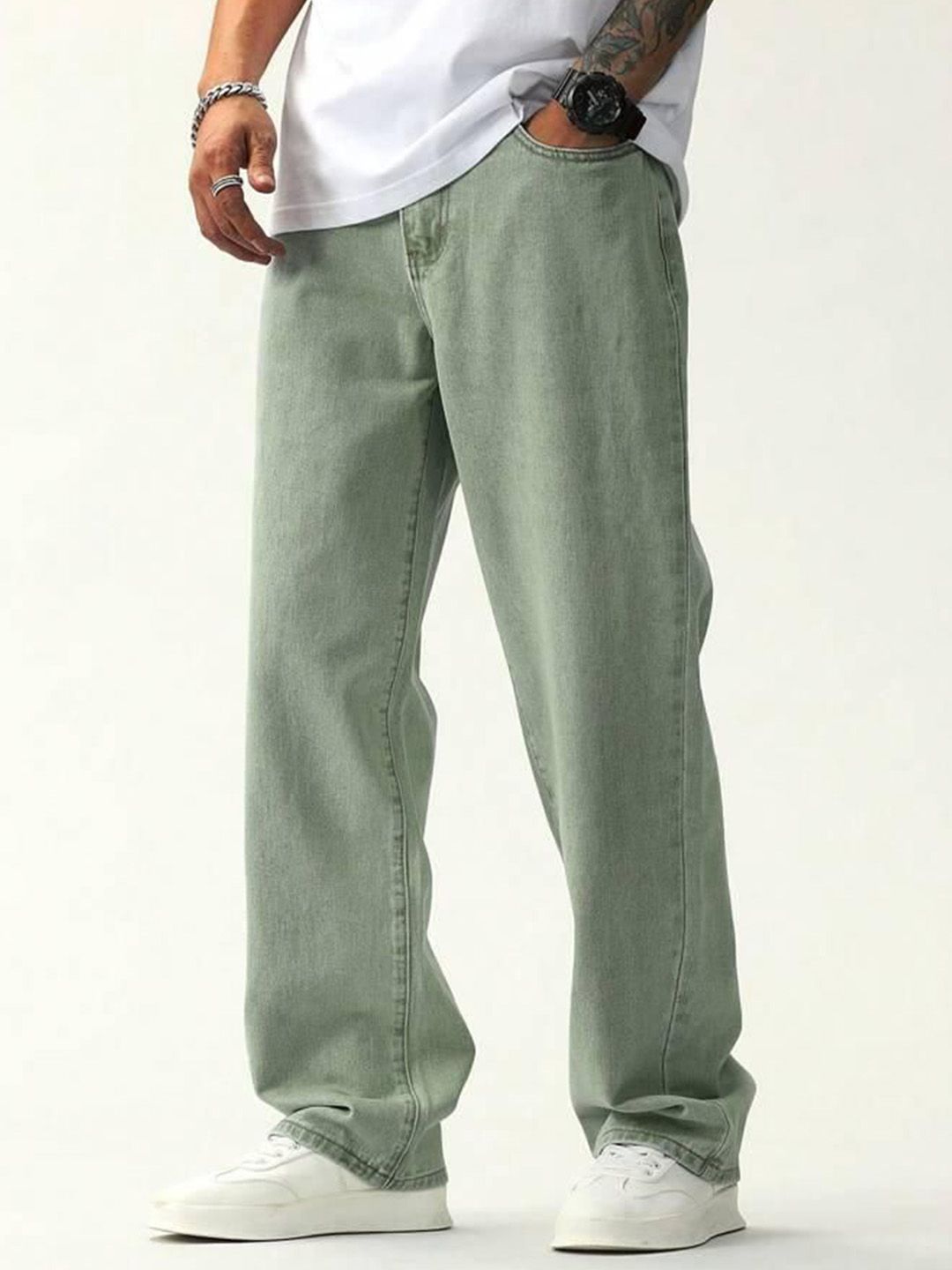 me Queen Men Wide Leg Mid-Rise Non Stretchable Pure Cotton Jeans
