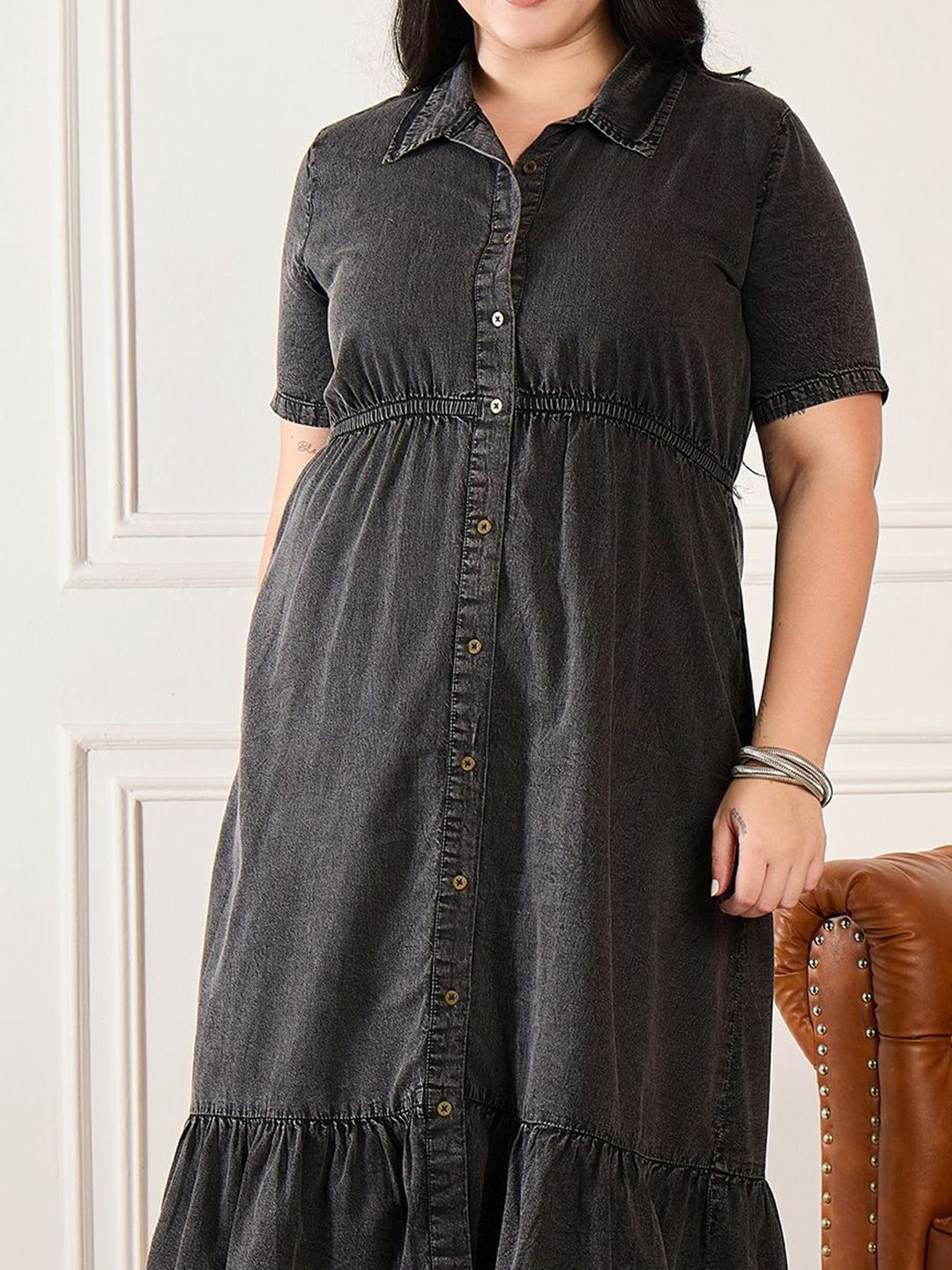 Buy Orchid Blues Women Plus Size Denim Short Sleeves Shirt Midi