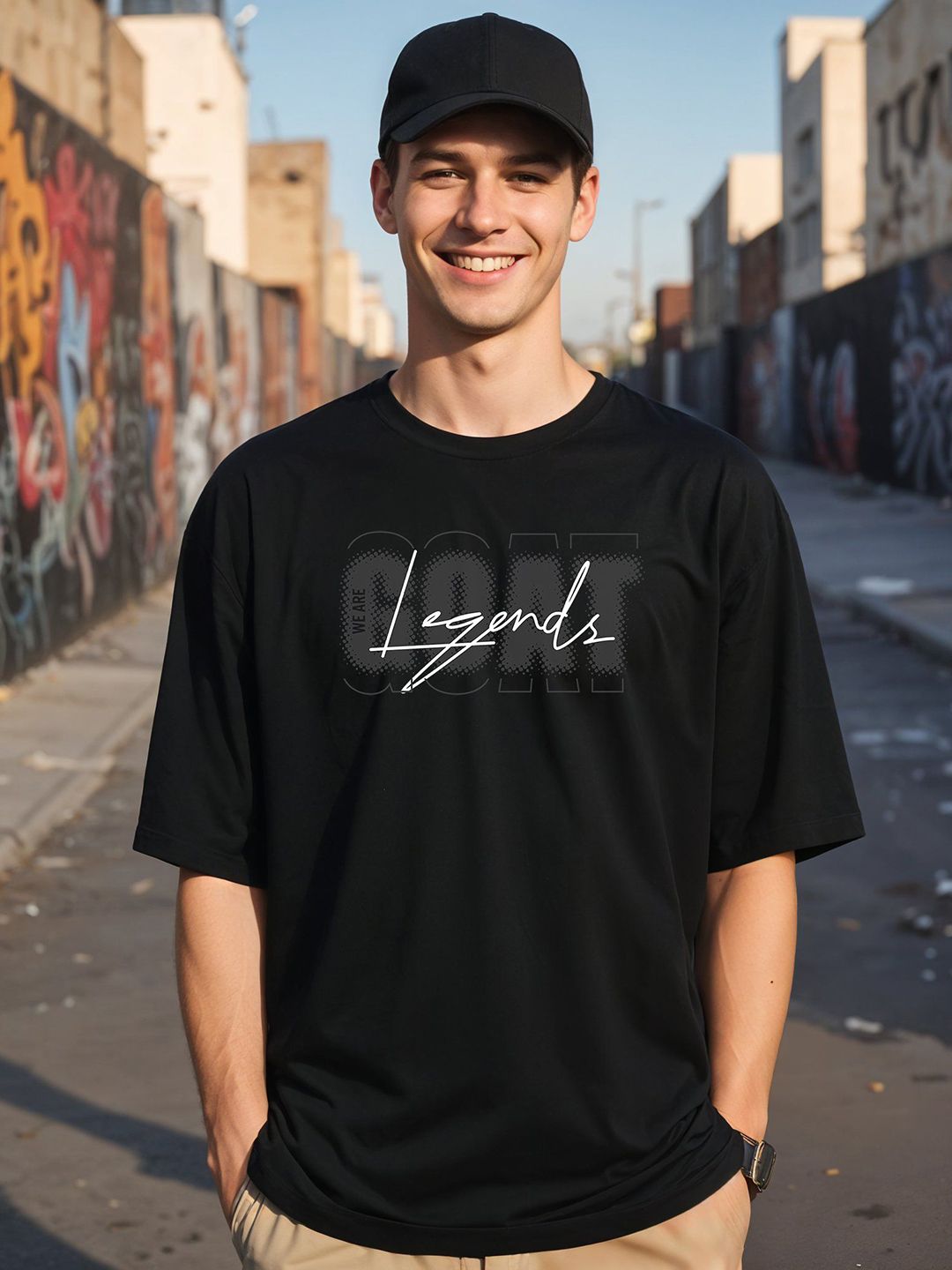 SMARTEES Typography Printed Drop Shoulder Sleeves Cotton Oversized T-shirt