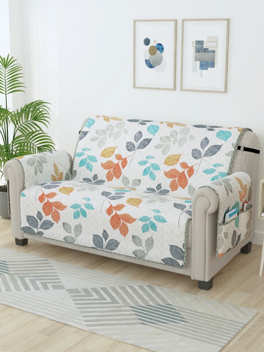 Story@home Story@home White & Grey Printed Microfiber 2 Seater Sofa Cover With Arms