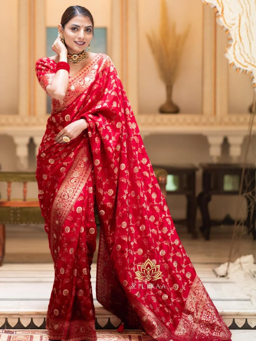 CaniBani Red Silk Blend Banarasi Sarees Price in India