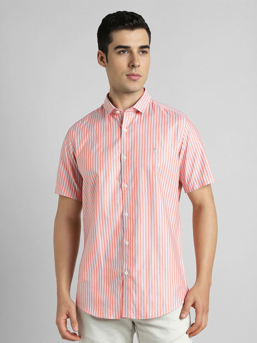 SIMON CARTER LONDON Striped Spread Collar Short Sleeves Pure Cotton Slim Fit Shirt