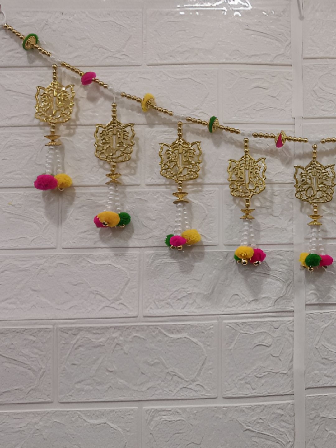 Nutts Pink & Yellow Ganesha Pompom Tassel Bandhanwar Festive Decor