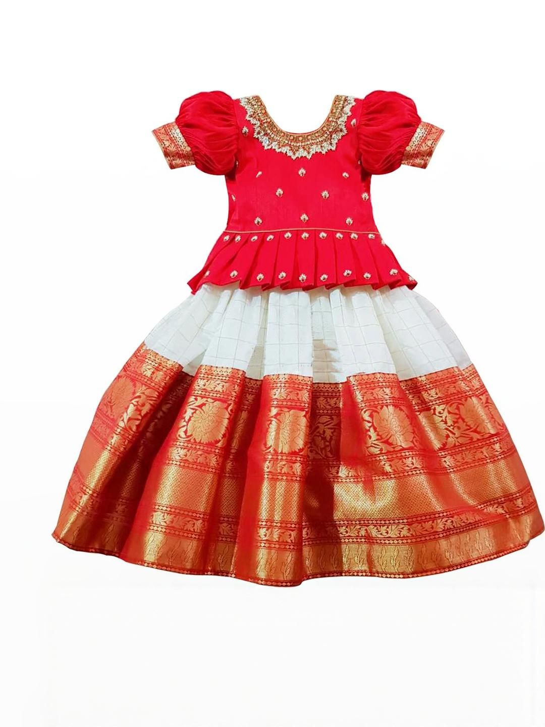 White Button Girls Embroidered Thread Work Ready to Wear Lehenga &