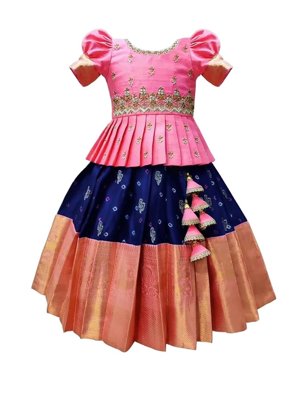 White Button Girls Embroidered Thread Work Ready to Wear Lehenga & Blouse Woven Design