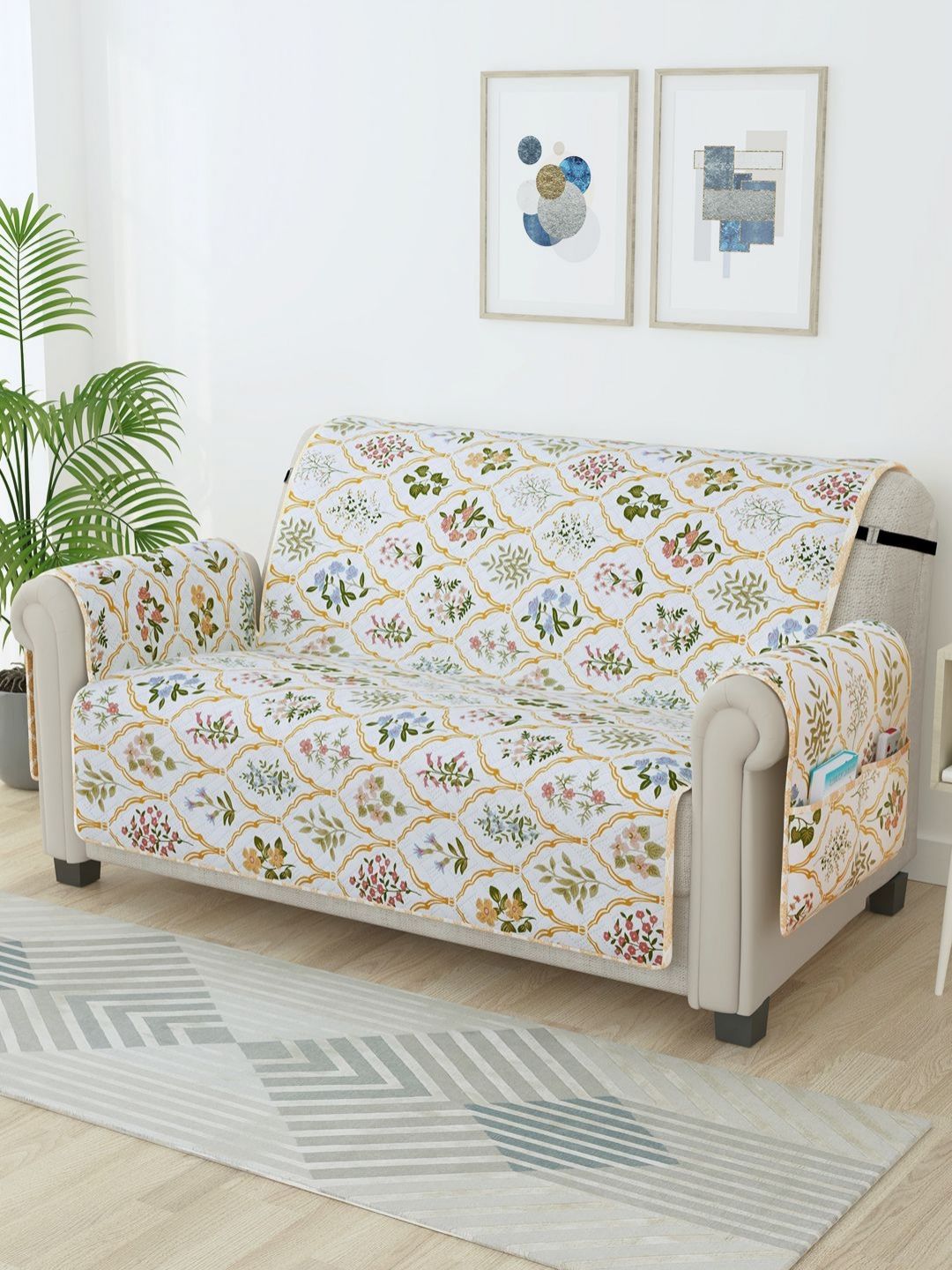 Story@home Story@home Beige & Green Printed Microfiber 2 Seater Sofa Cover With Arms