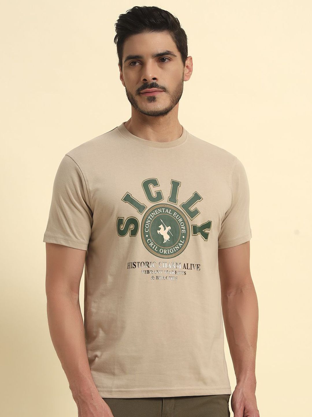 Cantabil Men Typography Printed Round Neck Cotton T-shirt