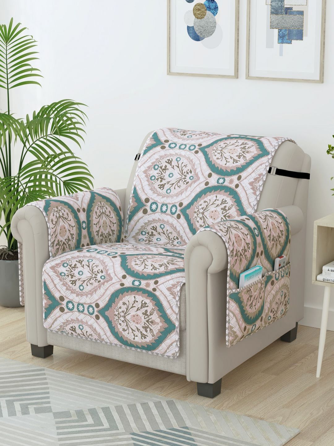 Story@home Cream-Coloured & Green Printed Microfiber Single Sofa Cover With Arms