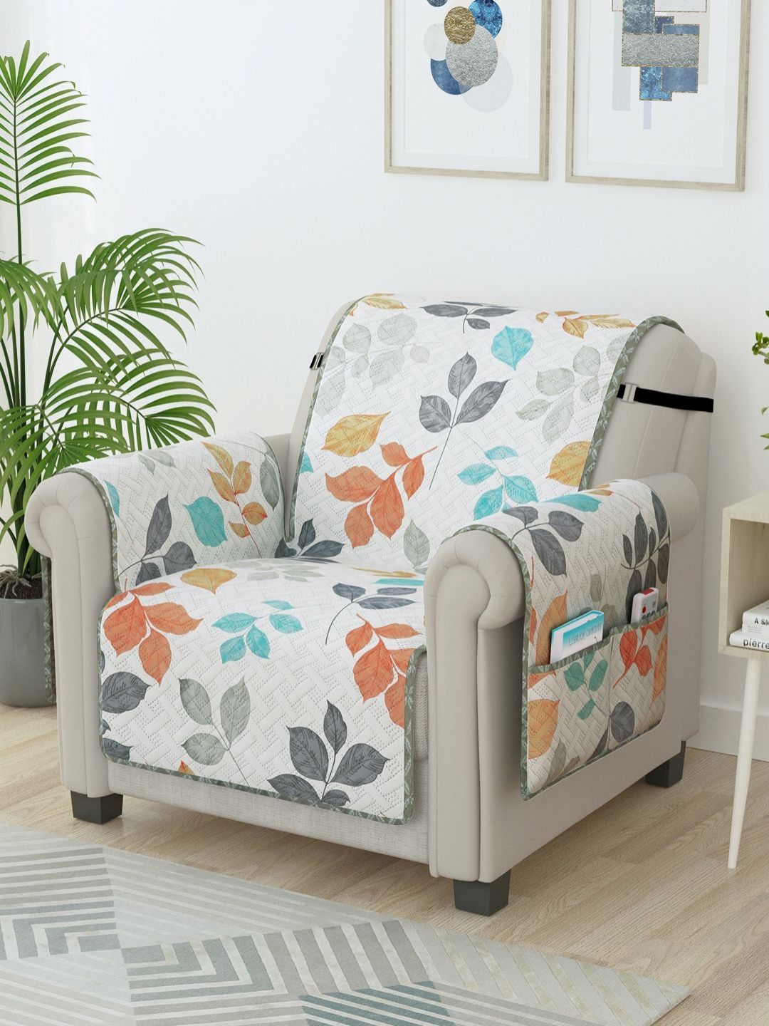 Story@home White & Grey Printed Microfiber Single Sofa Cover With Arms