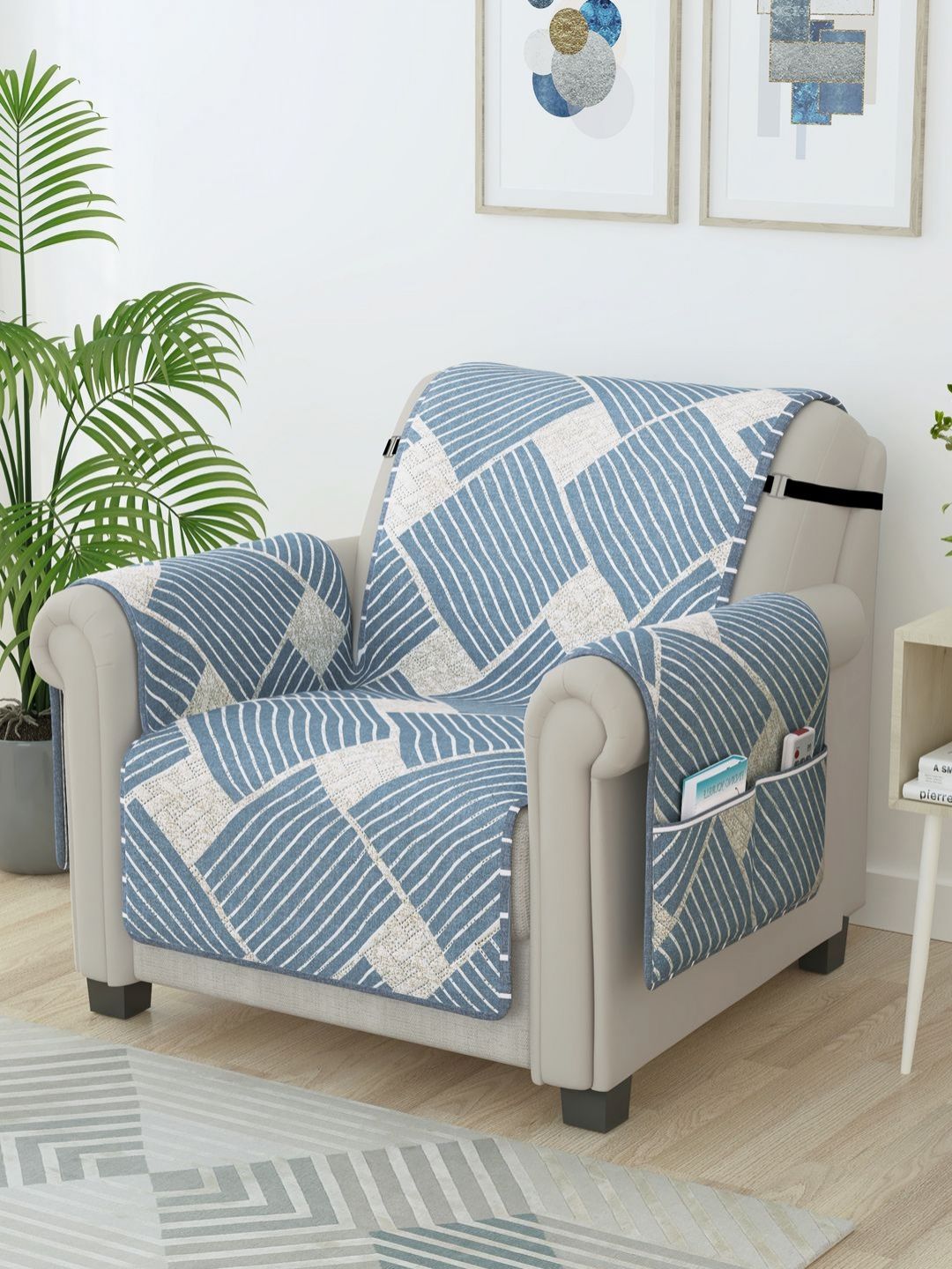 Story@home Grey & White Printed Microfiber 1 Seater Sofa Cover With Arms