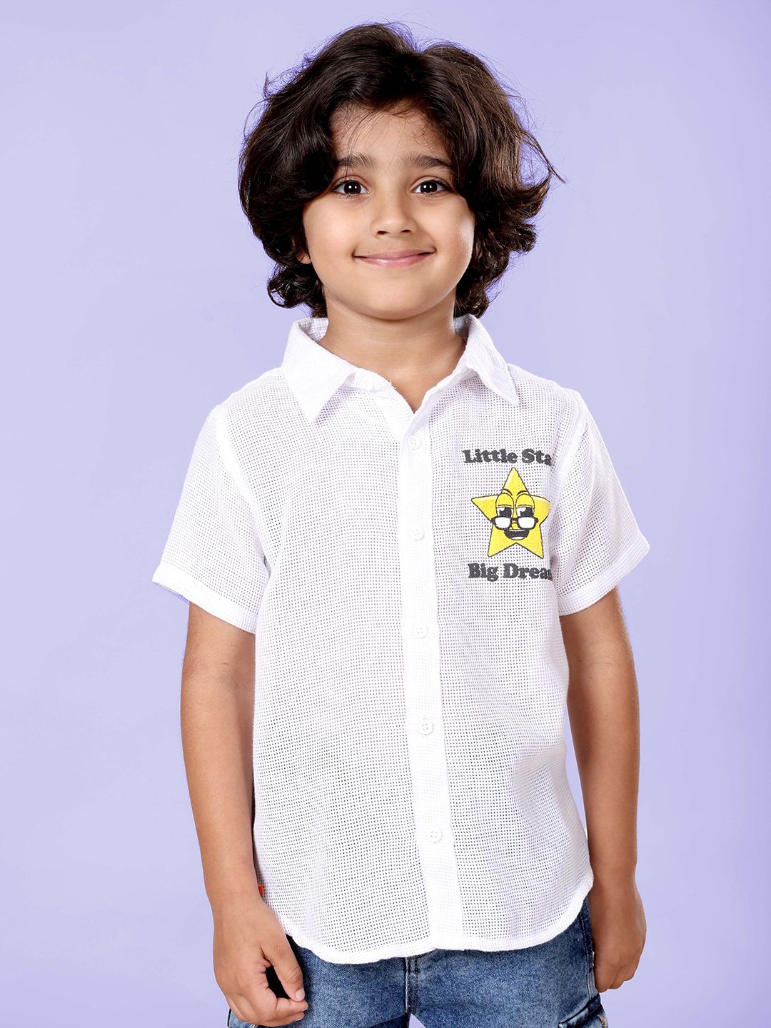 KiddoPanti Boys Classic Fit Graphic Printed Spread Collar Pure Cotton Casual Shirt