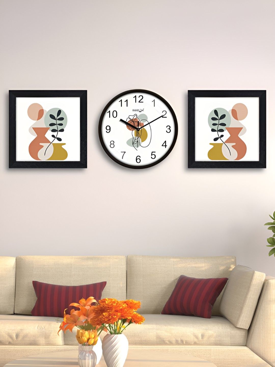 RANDOM White & Peach 3 Pieces Printed Contemporary Wall Clock & Wall Art