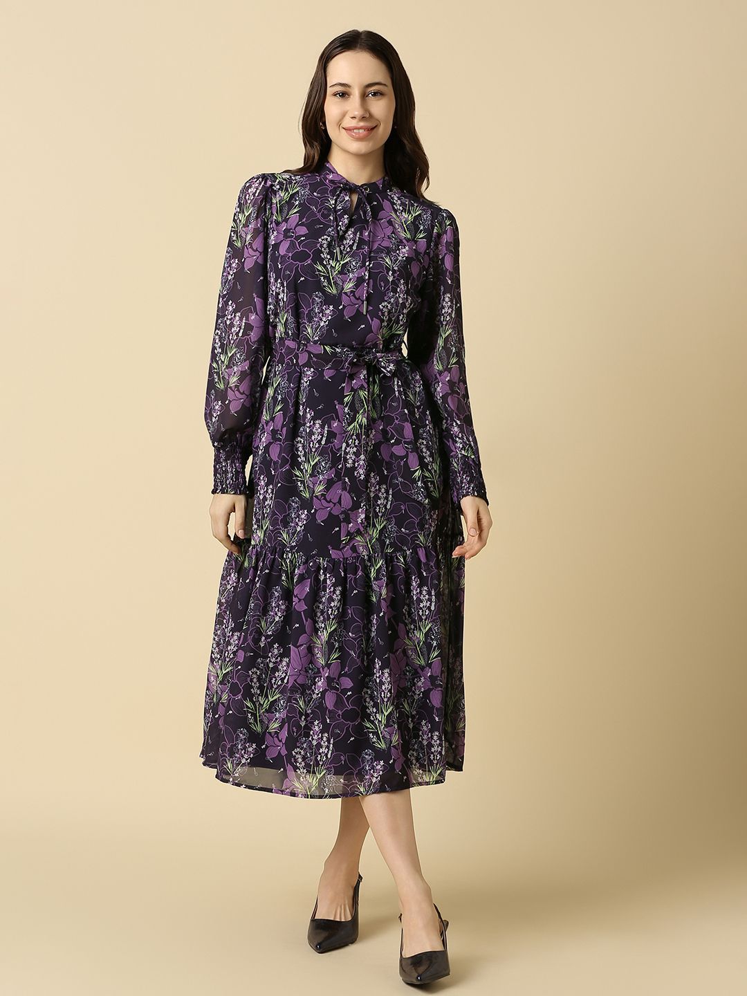 Allen Solly Woman Floral Printed Tiered A-Line Midi Dress