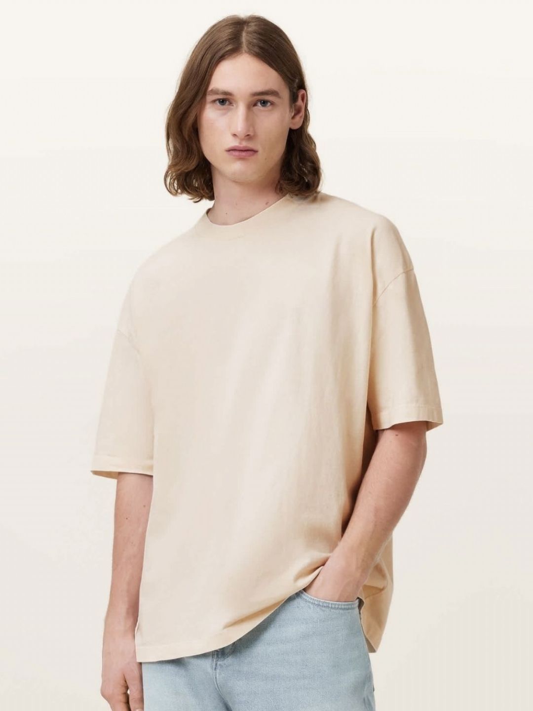 SMAN Beige Oversized Crew Neck Cotton T-shirt