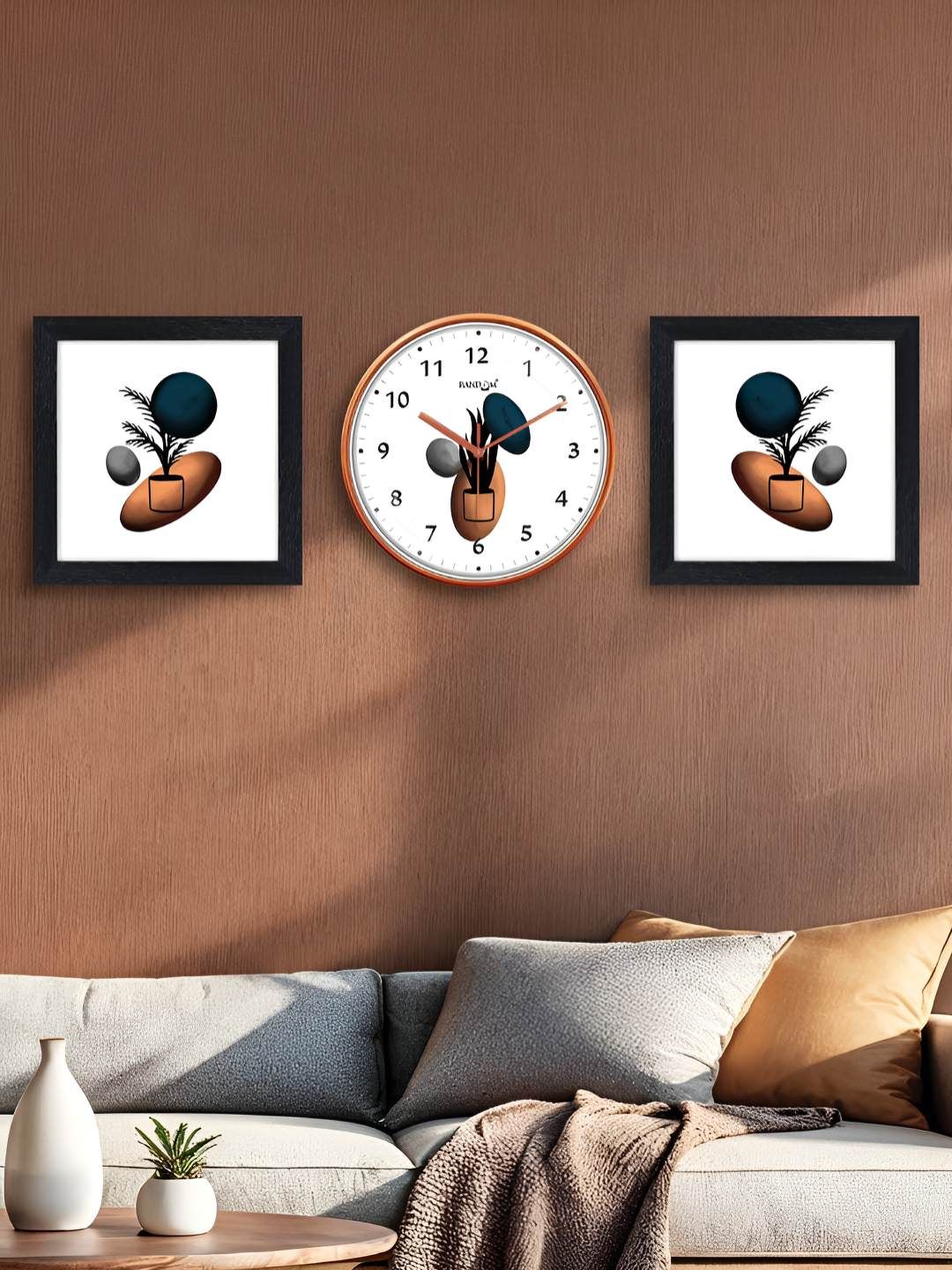 RANDOM White & Brown 3 Pieces Printed Contemporary Wall Clock & Wall Art
