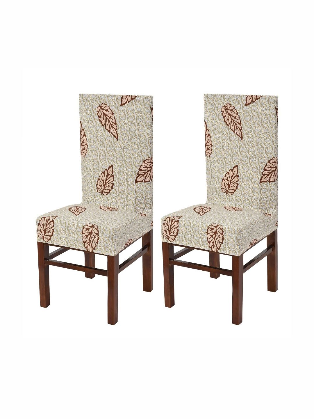 Yellow Weaves 2-Pcs White & Brown Printed Stretchable Chair Covers