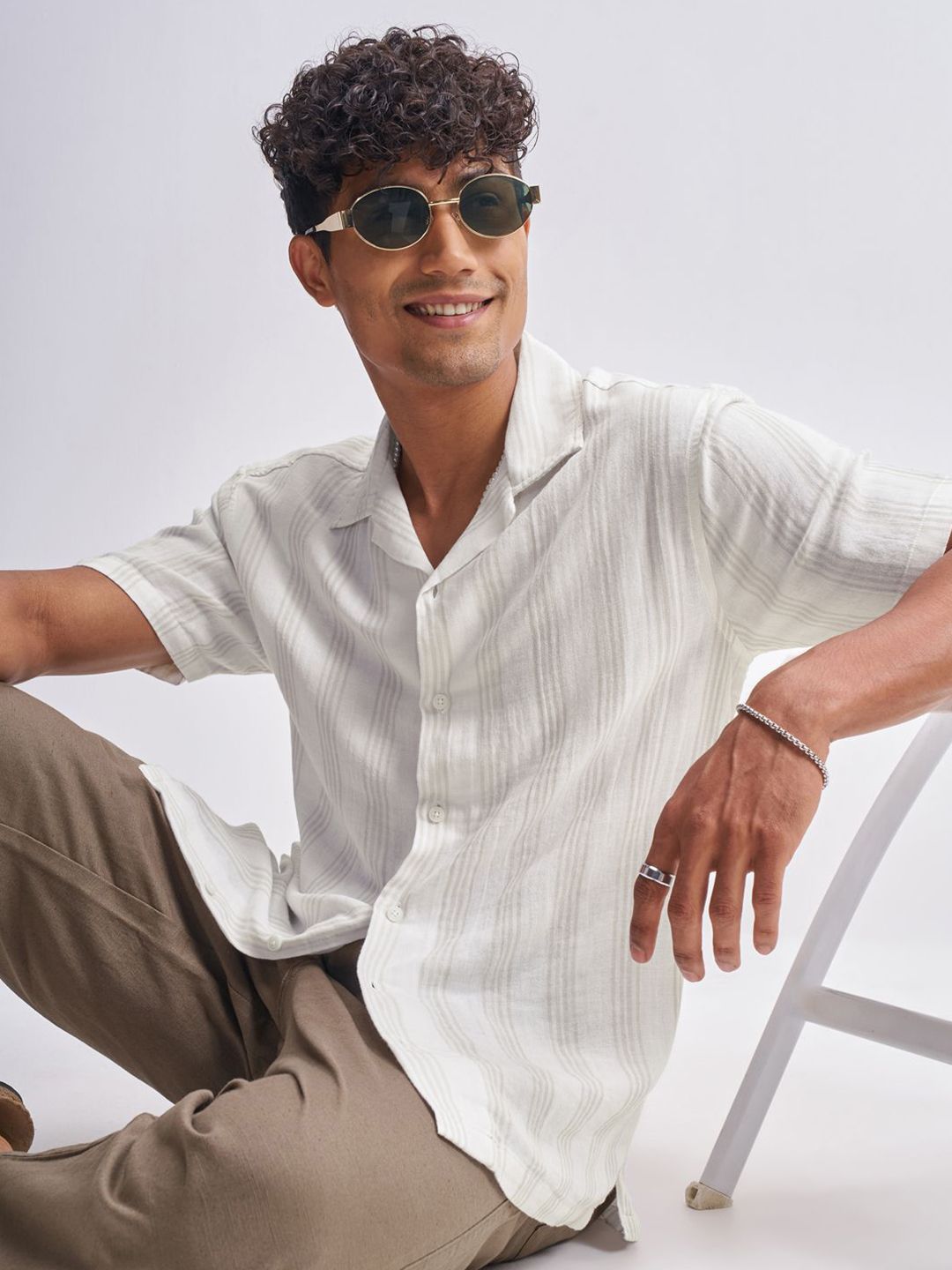 HIGHLANDER Men Relaxed Fit Vertical Striped Cuban Collar Cotton Casual Shirt