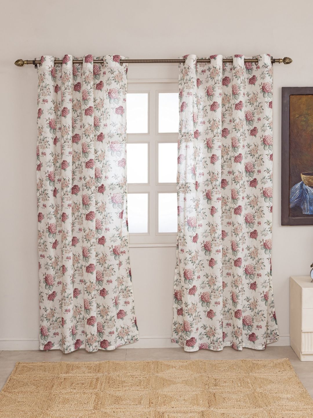 Clasiko Clasiko Blush Orchid White & Maroon 2 Pieces Printed Cotton Sheer Door Curtains