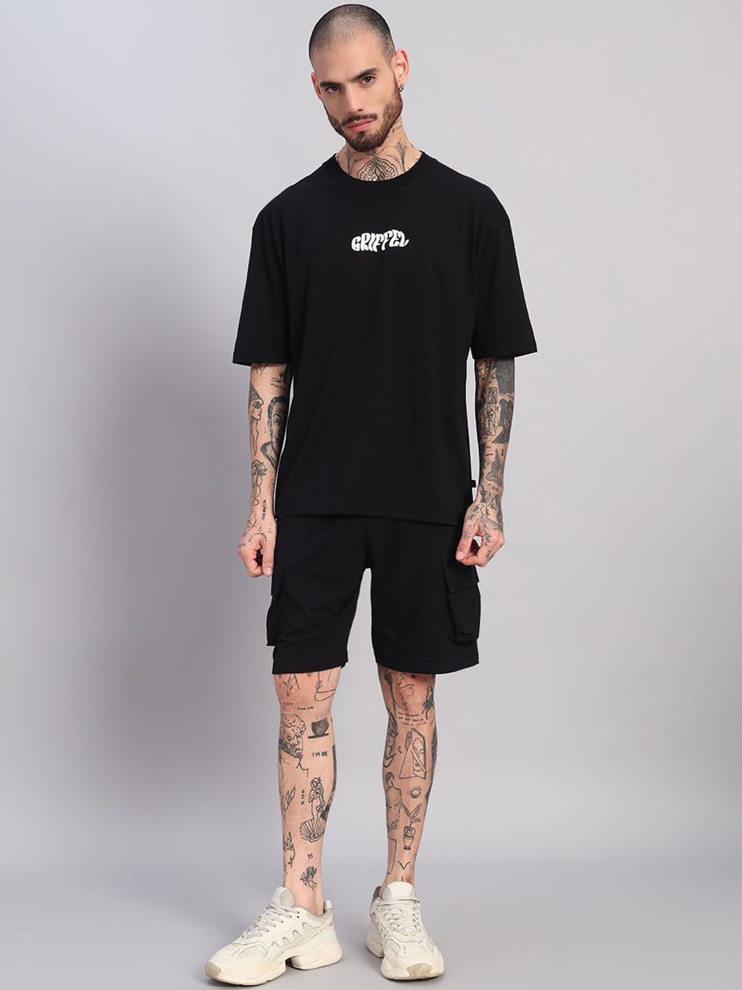 GRIFFEL GRIFFEL Printed Oversized-Fit Pure Cotton T-Shirt & Shorts Co-Ord Set