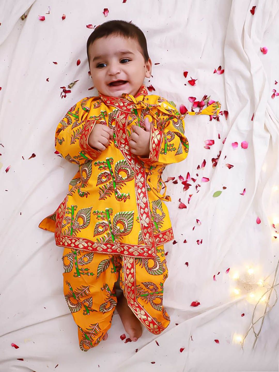 KID1 Boys Ethnic Motifs Printed Angrakha Gota Lace Pure Cotton Kurta with Dhoti Pants