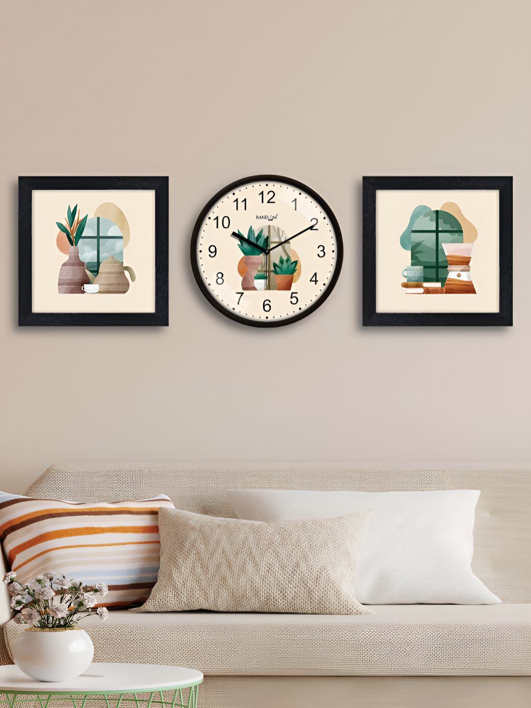 RANDOM 3 Pieces Off White & Green Abstract Printed Contemporary Wall Clock & Wall Arts