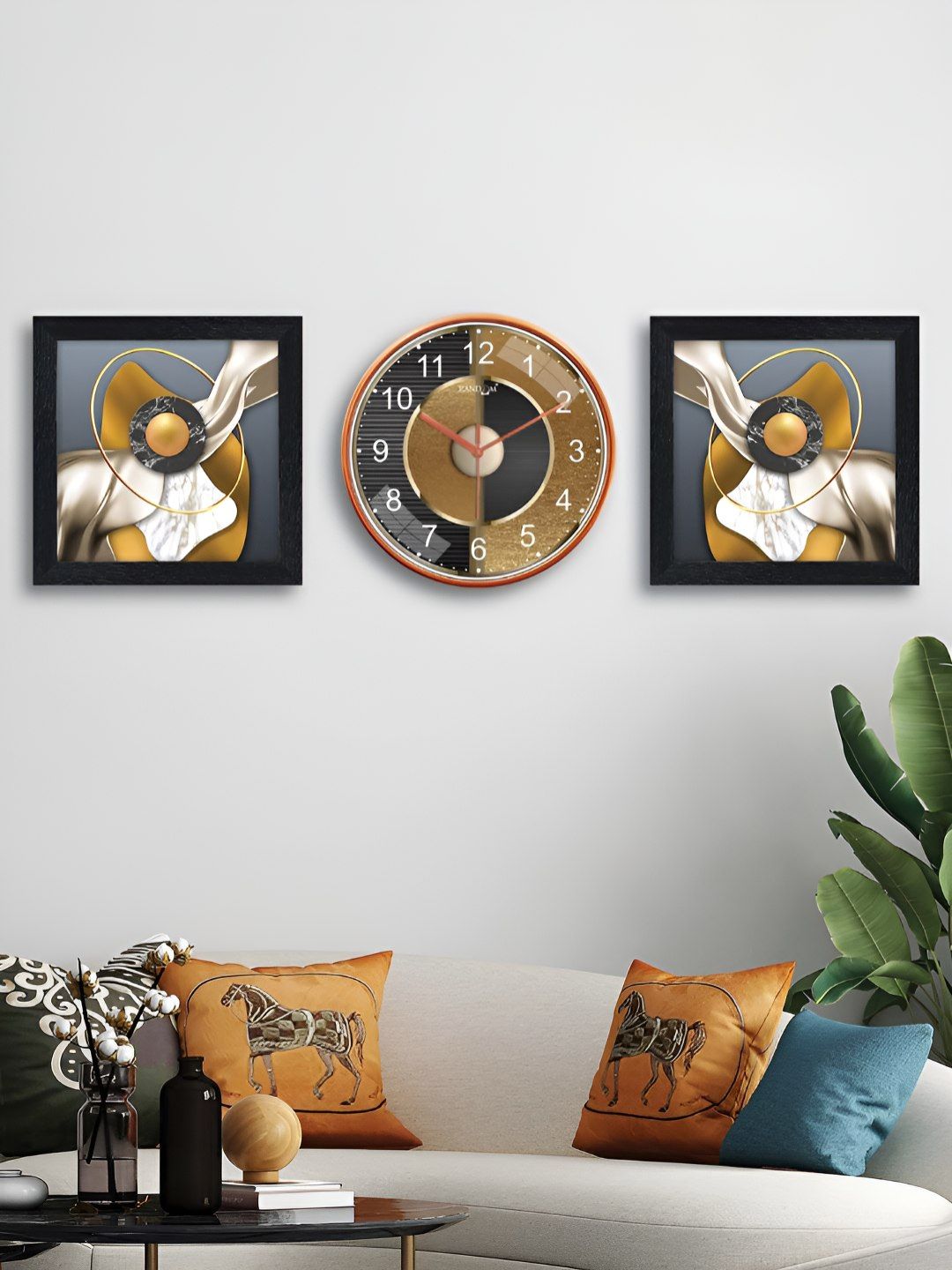 RANDOM Grey & Yellow 3 Pieces Printed Contemporary Wall Clock & Wall Art