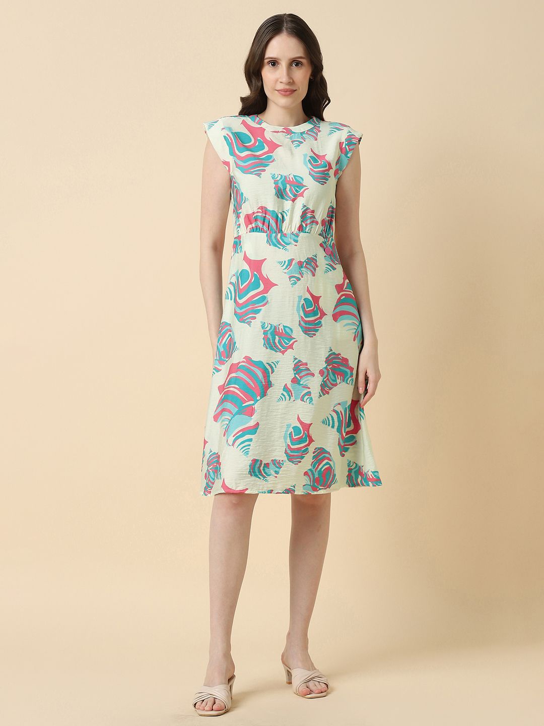 Allen Solly Woman Abstract Printed Cap Sleeves Fit and Flare Knee Length Dress