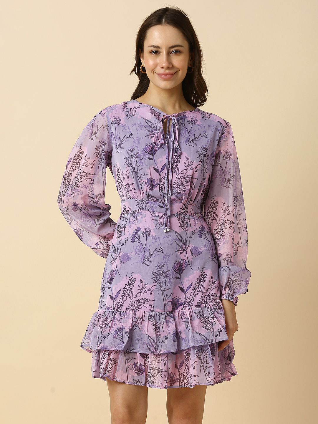 Allen Solly Woman Women Floral Print Tie-Up Neck Fit & Flare Dress